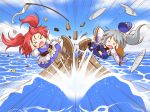  2girls boat chibi hair_ornament hat japanese_clothes mazume mononobe_no_futo multiple_girls onozuka_komachi ponytail redhead scythe short_hair silver_hair tate_eboshi touhou twintails 