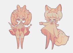  2girls animal_ears commentary cream dress drill_hair floating_clothes food food-themed_clothes food-themed_hair_ornament food-themed_tail_ornament fork fox_ears fox_girl frilled_dress frilled_headwear frilled_sleeves frilled_socks frills fruit hair_ornament hand_up holding holding_fork holding_knife icing kneehighs knife lace-trimmed_dress lace_trim long_hair long_sleeves multiple_girls naiguozi no_mouth original outstretched_arm pantyhose pink_dress pink_hair puffy_long_sleeves puffy_sleeves rabbit_ears rabbit_girl red_eyes socks sprinkles strawberry striped_clothes striped_pantyhose twin_drills twintails untranslatable_commentary vertical-striped_clothes vertical-striped_pantyhose whipped_cream white_background white_dress white_hair 