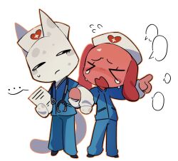  >_< ... 2girls animal_ears animal_hospital_(roblox) annoyed cat_ears cat_girl cat_tail clipboard commentary crying dog_ears dog_girl dog_tail floppy_ears flying_sweatdrops full_body furry furry_female grabbing_another's_arm hat head_nurse_(animal_hospital) highres holding holding_clipboard katkit637729776 layered_sleeves looking_at_another medical_scrubs multiple_girls nurse nurse_(animal_hospital) nurse_cap open_mouth orange_outline outline pointing red_fur roblox speech_bubble spoken_ellipsis stethoscope stethoscope_around_neck tail untranslatable_commentary white_fur white_hat 