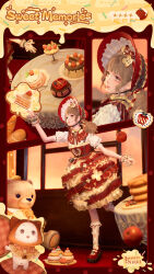  1girl absurdres ahoge apple apple_hair_ornament apple_peel berry bonnet bow brown_hair cake cake_slice cat chocolate closed_mouth commentary copyright_logo copyright_name cream curly_hair dress english_commentary english_text food food-themed_hair_ornament footwear_bow frilled_dress frilled_wrist_cuffs frills fruit hair_ornament highres infinity_nikki lace lace-trimmed_headwear lace_trim layered_dress logo long_hair looking_at_another momo_(nikki) multicolored_dress multiple_views nikki_(nikki) nikki_(series) official_alternate_costume official_alternate_hair_color official_alternate_hairstyle official_art outstretched_hand pancake pancake_stack pink_lips promotional_art puffy_short_sleeves puffy_sleeves red_bonnet red_dress short_sleeves standing standing_on_one_leg star_(symbol) strawberry stuffed_animal stuffed_toy sweet_memories_(infinity_nikki) sweets syrup table teddy_bear twintails white_wrist_cuffs wrist_cuffs 