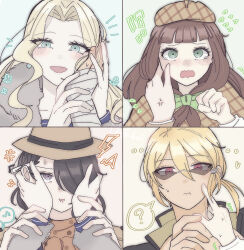  2boys 2girls bandaged_hand bandages beret black_hair black_jacket blonde_hair blue_eyes bow brown_capelet brown_hair brown_hat capelet cheek_pinching cheek_poking coat collared_shirt commentary_request curtained_hair danganronpa_another dark-skinned_male dark_skin earrings eat_xx12 front_ponytail fur_coat green_bow green_eyes hair_over_one_eye hands_on_another's_face hat highres jacket jacket_on_shoulders jewelry long_hair long_sleeves magorobi_emma makunouchi_hajime multiple_boys multiple_girls nijiue_iroha open_mouth pen_behind_ear pinching plaid_capelet plaid_clothes poking red_eyes scarf shirt short_hair sunglasses super_danganronpa_another_2 wavy_hair white_shirt yomiuri_nikei 