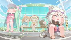  5girls :3 absurdly_long_hair absurdres alternate_costume animal_ears backwards_hat baseball_cap bear_ears bear_girl beni_(trickcal) beret black_hair black_shirt blonde_hair blue_eyes blue_shirt blush_stickers bored bottle braid brown_hair bus_stop cellphone chibi chibi_only closed_mouth commentary contemporary crop_top crossed_ankles day dr_pepper english_commentary english_text feet fewer_digits flip-flops flower fox_ears fox_girl fox_tail green_hair grey_hair hair_ornament hairclip hat highres holding holding_phone humano jewelry leone_(trickcal) lion_ears lion_girl lion_tail long_hair long_shirt lying midriff mountainous_horizon multicolored_hair multiple_girls navel necklace nose_bubble on_back orange_eyes outdoors phone pink_hat print_shirt purple_hat purple_shirt purple_shorts red_hat rufo_(trickcal) sandals sharp_teeth shirt short_hair shorts shuro_(trickcal) sitting sleeping slit_pupils smartphone smile standing stomach streaked_hair sunlight tail teeth tig_(trickcal) tiger_ears tiger_girl tiger_tail toes torn_clothes torn_shirt torn_shorts trickcal utility_pole very_long_hair visor_cap watch watch water_bottle white_shirt wrapped_bento yellow_eyes 