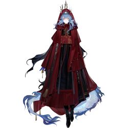  1girl arknights black_boots blue_eyes blue_hair boots chen_che_(arknights) chuzenji dragon_ears dragon_girl dragon_horns dragon_tail eastern_dragon_horns eastern_dragon_tail full_body highres hood hood_up hooded_robe horns horns_through_headwear long_hair official_art red_robe robe solo tachi-e tail third-party_source transparent_background 