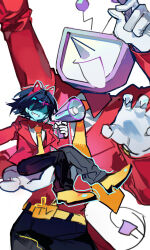  0916psy 1boy 1other absurdres ant_tenna ant_tenna_(cosplay) black_pants blue_hair blue_skin carrying carrying_person colored_skin commentary_request cosplay crt deltarune demon_horns extra_arms fake_horns gloves highres holding holding_microphone horns kris_(dark_world)_(deltarune) kris_(deltarune) long_nose looking_at_viewer microphone necktie object_head pants pointy_nose radio_antenna shaded_face shirt shoes short_hair simple_background smile tailcoat teeth utdr_(toby_fox) white_background white_gloves white_shirt yellow_necktie yellow_shoes 