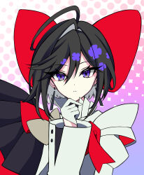  1girl ahoge androgynous black_hair bob_cut bow buttoned_cuffs buttons ccs92a05zxa colored_inner_hair commentary dot_nose double-parted_bangs earrings flipped_bangs gloves hair_between_eyes hair_bow hair_intakes half_gloves hand_on_own_chin highres jewelry large_bow long_sleeves looking_at_viewer multicolored_hair parted_lips pink_background polka_dot polka_dot_background portrait purple_background red_bow sapphire_(princess_knight)_(the_ribbon_hero) sapphire_(the_ribbon_hero) solo sparkle_background split-color_clothes straight-on stroking_own_chin the_ribbon_hero violet_eyes white_gloves 