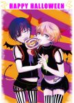  2boys alois_trancy black_hair blonde_hair blue_eyes blue_hair candy ciel_phantomhive crossdressinging demon_boy demon_tail earrings eyepatch jewelry kuroshitsuji licking lollipop male multiple_boys open_mouth pantyhose red_eyes short_hair striped striped_legwear tail thighhighs tongue tongue_out trap wings 