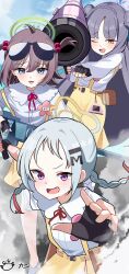  3girls absurdres aiming aiming_at_viewer artist_logo attacking_viewer baton_(weapon) black_gloves blue_archive blue_eyes braid brown_eyes brown_hair commentary_request double_bun eyewear_on_head fang fingerless_gloves fledglings_class_(blue_archive) forehead gloves green_halo grey_hair gun gundam hair_bobbles hair_bun hair_ornament halo highres holding holding_gun holding_rocket_launcher holding_weapon jet_stream_attack logo long_hair mobile_suit_gundam multiple_girls nagomi_(blue_archive) name_tag neck_ribbon open_mouth pose_imitation purple_hair purple_halo red_ribbon ribbon rocket_launcher saabyboi semi-automatic_grenade_launcher shirt short_hair skirt suiko_(blue_archive) sunglasses suspender_skirt suspenders tamagotchi_(virtual_pet) twin_braids two_side_up violet_eyes virtual_pet_(toy) weapon white_shirt yellow_halo yellow_skirt youko_(blue_archive) 