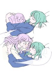  2girls animal_ears animalization blue_sweater blush braid closed_eyes collared_shirt eye_contact facing_another girl_on_top green_hair highres hug long_hair looking_at_another love_live! love_live!_superstar!! lying lying_on_person multiple_girls on_back on_bed onitsuka_tomari pajamas purple_hair rabbit rabbit_ears ri_(sg_x00) shirt side_braid sleeping surprised sweat sweater transformation upper_body white_background wien_margarete yuri 