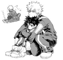  2boys :/ bakugou_katsuki blank_eyes boku_no_hero_academia closed_mouth commentary crossed_arms freckles greyscale hands_on_another's_back highres jacket long_sleeves male_focus midoriya_izuku monochrome multiple_boys multiple_views open_mouth pants shoelaces shoes short_hair simple_background sitting sneakers spiky_hair squatting stretching striped_clothes u.a._gym_uniform vertical-striped_clothes very_short_hair white_background xx_twilight 