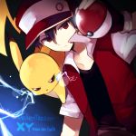  1boy copyright_name hat mishima_kurone pikachu poke_ball pokemon pokemon_(creature) red_(pokemon) red_eyes 