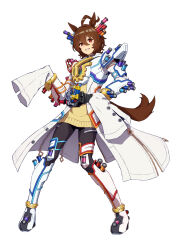  1girl agnes_tachyon_(tach-nology)_(umamusume) agnes_tachyon_(umamusume) animal_ears armor boots brown_hair cosplay earrings full_body genius_fullbottle hair_between_eyes horse_ears horse_girl horse_tail jewelry kamen_rider kamen_rider_build kamen_rider_build_(cosplay) kamen_rider_build_(genius_form) kamen_rider_build_(series) lab_coat long_sleeves looking_at_viewer necktie pantyhose red_eyes shirt short_necktie sleeves_past_fingers sleeves_past_wrists smile solo sweater tail tenkey2022 test_tube umamusume yellow_sweater 