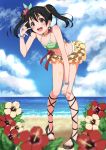  1girl :d beach bikini black_hair blush clouds cross-laced_footwear flower fupe_(sealno108) hair_flower hair_ornament hand_on_knee highres jewelry leaning_forward love_live!_school_idol_project nail_polish necklace ocean open_mouth red_eyes sandals sky smile swimsuit toenail_polish twintails yazawa_nico 