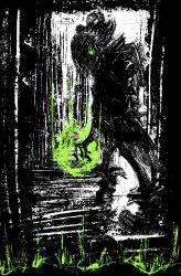  1girl backpack bag commentary crack deadlock_(game) english_commentary glowing graves_(deadlock) green_eyes hair_over_one_eye highres looking_at_viewer lunababa solo 