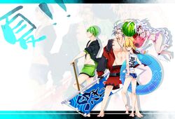  1girl 3boys ahoge alternate_costume ball barefoot beachball blazblue blonde_hair eyepatch food fruit green_hair hazama jin_kisaragi multiple_boys nu-13 ragna_the_bloodedge silver_hair swim_trunks swimsuit tube uzukinoko watermelon 