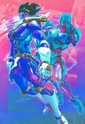  2boys armor black_hair bodysuit brown_hair commentary_request crazy_diamond full_body gloves headband highres jojo_no_kimyou_na_bouken jojo_pose knee_pads male_focus multiple_boys muscular stand_(jojo) star_platinum uu0000322 