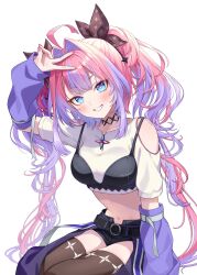  1girl :d ahoge arm_up arm_warmers black_bow black_bra black_choker black_shorts black_thighhighs blue_eyes bow bra bra_over_clothes breasts cargo_pants center-flap_bangs choker clothing_cutout colored_inner_hair commentary_request cropped_shirt fukumoto_moco gradient_hair grin hair_bow hair_intakes highres hololive hololive_dev_is kikirara_vivi kikirara_vivi_(1st_costume) large_breasts leg_cutout long_hair looking_at_viewer midriff multicolored_hair navel pants pink_hair purple_arm_warmers purple_hair purple_pants shirt short_shorts short_sleeves shorts shoulder_cutout simple_background sitting smile solo star-shaped_pupils star_(symbol) symbol-shaped_pupils thigh-highs twintails two-tone_hair underwear v very_long_hair virtual_youtuber white_background white_shirt 
