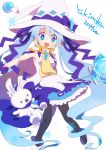  1girl blue_eyes blue_hair cape character_name hat hatsune_miku long_hair magical_girl monokuro69 open_mouth pantyhose rabbit skirt snowflakes solo twintails very_long_hair vocaloid white_background witch_hat yuki_miku 