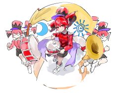  3girls absurdres adapted_hairstyle banner black_shorts blush bone boots cape clone crescent drum drumsticks flag flag_hair_ornament hat highres holding holding_bone holding_drumsticks instrument jacket jakusha_no_march_(synthesizer_v) kasane_teto lace-up_boots looking_at_viewer marching marching_band mp777b multicolored_hat multiple_girls pennant playing_drums playing_instrument purple_cape red_eyes red_hair red_jacket shako_cap shoes shorts simple_background standing standing_on_one_leg sun_symbol synthesizer_v tuba two-sided_cape two-sided_fabric utau white_background white_boots white_cape white_shoes 