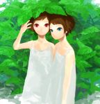  2girls arm_up blue_eyes brown_hair bush dappled_sunlight dress leaf looking_at_viewer mitsui multiple_girls original parted_lips plant red_eyes short_hair siblings sundress sunlight twins white_dress 