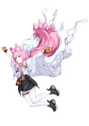  1girl absurdres ahoge animal_ears arknights arms_up belt_pouch black_skirt breasts cape chinese_commentary commentary_request feet_up_heels_up fingerless_gloves full_body fur-trimmed_skirt fur_trim gloves hair_ornament highres infection_monitor_(arknights) jumping long_hair m_magari material_growth orange_gloves oripathy_lesion_(arknights) outstretched_arms pink_eyes pink_hair pink_shirt pouch rabbit_ears rabbit_girl shirt shoes simple_background skirt small_breasts sneakers solo thigh-highs thigh_pouch thigh_strap thumpy_(arknights) v white_background white_cape white_thighhighs 