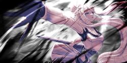  1girl absurdres angel_(killer_chat) arched_back blood blood_splatter blue_eyes cosplay cowboy_shot faust_(project_moon) faust_(project_moon)_(cosplay) frilled_shirt frills gloves highres holding holding_polearm holding_weapon killer_chat! lance looking_at_viewer outstretched_arm overlighting parody parted_lips polearm ring_(identity)_(project_moon) shirt solo tank_top tsukikos weapon white_tank_top 
