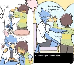  1boy 1other :t beak berdly_(deltarune) bird_boy black_shirt blush brown_hair colored_skin commentary deltarune dial-in english_commentary english_text food furry furry_male glasses glowing glowing_eye green_sweater heart highres kris_(deltarune) napstablook shirt short_hair single_horizontal_stripe strength_tester_machine striped_clothes striped_sweater sweater takoyaki utdr_(toby_fox) white_shirt yellow_skin 