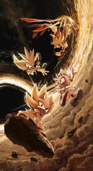  1girl 3boys amy_rose andoraliix animal_ears animal_nose battle falling flying furry furry_female furry_male gloves highres male_focus multiple_boys rock running shadow_the_hedgehog shoes silver_the_hedgehog sonic_(series) sonic_the_hedgehog super_amy_rose super_shadow super_silver super_sonic tail white_gloves 
