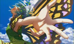  1girl absurdres antennae aqua_hair blue_sky breasts butterfly_wings clouds commentary_request dated day dress eternity_larva fairy from_side green_dress highres insect_wings leaf leaf_on_head multicolored_dress open_mouth outdoors outstretched_arms signature sky small_breasts smile solo spread_arms touhou wings yoshino_(q_sci) 