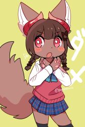  1girl :o animal_ear_fluff animal_ears black_thighhighs blue_bow blue_bowtie blue_skirt blunt_bangs blush_stickers bow bowtie braid brown_bow brown_fur commentary_request cowboy_shot double-parted_bangs fox_ears fox_girl fox_tail furry furry_female hair_bow hair_ornament hands_up highres horns long_sleeves miniskirt open_mouth original pink_sweater_vest plaid_clothes plaid_skirt pleated_skirt po!_(popoemo) red_eyes school_uniform shirt skirt solo sweater_vest tail thigh-highs twin_braids twitter_username v-shaped_eyebrows white_shirt x_arms x_hair_ornament zettai_ryouiki 