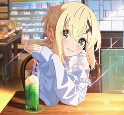  1girl akatsuki_kirika blonde_hair chair coaster collared_shirt commentary_request cup drink drinking_glass drinking_straw elbow_rest frilled_shirt frilled_sweater frills green_eyes hair_between_eyes hair_ornament head_tilt highres indoors light_smile long_sleeves looking_at_viewer nyanmaru off-shoulder_sweater off_shoulder own_hands_together pov_across_table senki_zesshou_symphogear shirt short_hair sitting solo sunlight sweater table white_shirt white_sweater x_hair_ornament 