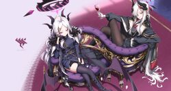  2girls ahoge black_boots black_halo black_horns black_pantyhose black_skirt black_thighhighs blue_archive boots breasts buttons coat coat_on_shoulders commentary couch cup curved_horns demon_girl demon_horns demon_wings double-breasted drinking_glass from_above frown gehenna_academy_logo gloves gradient_halo hair_ornament hair_over_one_eye hairclip halo hand_on_own_cheek hand_on_own_face hat highres hina_(blue_archive) horns long_hair low_wings makoto_(blue_archive) medium_breasts military multicolored_halo multiple_girls multiple_horns on_couch pantyhose parallel_hairclips parted_bangs pencil_skirt purple_halo purple_wings red_carpet red_halo side_slit skirt thigh-highs thighs very_long_hair violet_eyes white_gloves white_hair wine_glass wings yo_na 