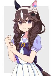  1girl absurdres animal_ears blush bow bowtie braid braided_sidelocks breasts brown_hair closed_mouth curren_bouquetd'or_(umamusume) ear_covers grey_eyes hair_between_eyes hair_ornament hairband highres horse_ears horse_girl horse_tail long_hair looking_at_viewer low_twin_braids mgr3na2sup_6 mismatched_ear_covers multicolored_hair pleated_skirt puffy_short_sleeves puffy_sleeves purple_bow purple_bowtie purple_shirt sailor_collar sailor_shirt school_uniform shirt short_sleeves sidelocks simple_background skirt smile solo streaked_hair tail tracen_school_uniform twin_braids umamusume very_long_braid white_hairband white_sailor_collar white_skirt white_streaks 