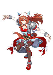 1girl animal_ears black_thighhighs blush breasts brown_hair collarbone cosplay ear_covers ear_ribbon full_body hair_between_eyes horse_ears horse_girl kamen_rider kamen_rider_kiva kamen_rider_kiva_(cosplay) kamen_rider_kiva_(kiva_form) kamen_rider_kiva_(series) long_hair looking_at_viewer multicolored_hair red_eyes ribbon small_breasts smile solo still_in_love_(umamusume) streaked_hair tenkey2022 thigh-highs umamusume veil white_veil