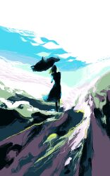  1girl abstract_background commentary_request eico full_body highres holding holding_umbrella kazami_yuuka medium_hair one-hour_drawing_challenge silhouette solo standing touhou umbrella wide_shot 