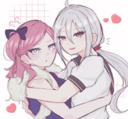  ahoge bare_shoulders blue_bow blue_dress blue_eyes bow brown_eyes commentary_request danganronpa_another dress eat_xx12 feather_boa fur_scarf hair_between_eyes hair_bow hair_ornament hair_scrunchie highres hug jewelry kabuya_yoruko long_hair low_ponytail medium_hair multiple_girls neckerchief open_mouth parted_bangs pink_hair ponytail pout red_scrunchie sailor_collar school_uniform scrunchie serafuku shirt short_sleeves side_ponytail sleeveless sleeveless_dress smile sora_(super_danganronpa_another_2) super_danganronpa_another_2 swept_bangs upper_body very_long_hair white_background white_hair white_shirt 