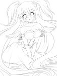  1girl absurdly_long_hair absurdres bare_shoulders breasts choker cokua dress highres lineart long_hair looking_at_viewer monochrome original solo v_arms very_long_hair wings 