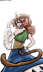  1girl absurdres artist_name blue_dress brown_hair circlet commentary_request dated detached_sleeves dress gold_circlet green_dress grin hand_on_own_hip highres long_hair looking_at_viewer low_twintails monkey_girl monkey_tail multicolored_dress one-hour_drawing_challenge red_eyes simple_background single-shoulder_dress single_detached_sleeve single_strap smile solo son_biten tail touhou twintails ve1024 white_background yellow_dress 