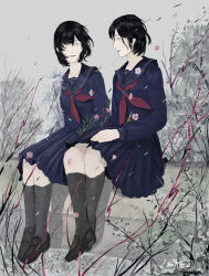  2girls absurdres black_hair black_sailor_collar black_socks cherry_blossoms dual_persona fox_hinako highres lettalettaletta looking_at_another mismatched_arms monster_arm multiple_girls neckerchief red_neckerchief sailor_collar school_uniform serafuku shimizu_hinako silent_hill_(series) silent_hill_f sitting smile socks spoilers 