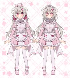  1girl a-pose ahoge apron blush bow breasts center_frills closed_mouth collared_dress commentary_request crossed_bangs curled_horns dress fang frilled_apron frilled_dress frilled_hairband frilled_skirt frills full_body furrowed_brow garter_straps grey_hair hair_between_eyes hair_bow hairband hanasaki_ayame hanasaki_ayame_(artist) hat highres horns indie_virtual_youtuber legwear_garter long_hair long_sleeves low_twintails mary_janes nurse_cap open_mouth pink_background pink_dress pink_shoes puffy_sleeves red_bow red_eyes reference_sheet self-portrait shoes skirt small_breasts smile standing thigh-highs twintails virtual_youtuber white_background white_garter_straps white_horns white_thighhighs white_wrist_cuffs wrist_cuffs 