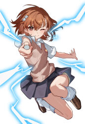  1girl absurdres aiming aiming_at_viewer amamiyayk blush brown_eyes brown_hair brown_sweater_vest chinese_commentary collared_shirt commentary_request crossed_bangs dress_shirt electricity electrokinesis flower_hairpin foreshortening full_body grey_skirt hair_between_eyes highres jumping looking_at_viewer medium_hair misaka_mikoto one_eye_closed pleated_skirt railgun_(misaka_mikoto) reaching reaching_towards_viewer school_uniform shirt short_shorts short_sleeves shorts shorts_under_skirt simple_background skirt smile socks solo summer_uniform sweater_vest toaru_kagaku_no_railgun toaru_majutsu_no_index tokiwadai_school_uniform v-neck white_background white_shirt white_socks yellow_shorts 