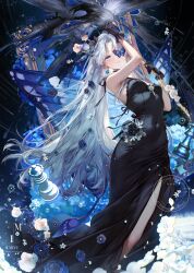  1girl :o black_dress black_flower black_gloves blue_butterfly blue_eyes blue_wings bug butterfly butterfly_hair_ornament butterfly_wings calligraphy_brush chess_piece chessboard clip_studio_paint_(medium) commentary dress earrings english_commentary fairy flower giant_brush gloves hair_flower hair_ornament highres holding holding_staff insect_wings jewelry long_hair looking_at_viewer miyu_(miyulein) night open_mouth original paintbrush picture_frame rose single_earring sky solo staff star_(sky) starry_sky very_long_hair white_flower white_hair wings 