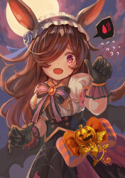  1girl animal_ears bat_wings black_bow black_gloves black_skirt blush bow brown_hair commentary fangs gloves hair_over_one_eye hairband high-waist_skirt highres horse_ears horse_girl lolita_hairband looking_at_viewer official_alternate_costume open_mouth rice_shower_(umamusume) rice_shower_(vampire_makeover!)_(umamusume) senada37 shirt short_sleeves skirt solo tears umamusume vampire_costume violet_eyes white_hairband white_shirt wings 