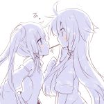  2girls anceril_sacred blush ciel_sacred eye_contact flat_chest long_hair looking_at_another mishima_kurone monochrome multiple_girls original pocky pocky_kiss shared_food simple_background very_long_hair white_background 