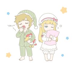  1boy 1girl animal barefoot bird blonde_hair bloomers blue_eyes blunt_bangs bow buttons chibi chibi_only closed_eyes commentary_request dress dress_bow english_text green_hat green_pajamas green_pants hand_to_own_mouth hat hat_ribbon highres hime_cut holding holding_animal holding_bird holding_pillow link long_hair mob_cap nightcap one_eye_closed open_mouth pajamas pants pillow pink_bow pink_ribbon pointy_ears princess_zelda ribbon shirt short_hair sidelocks squeans standing striped_clothes striped_hat striped_pajamas striped_pants striped_shirt the_legend_of_zelda the_legend_of_zelda:_skyward_sword white_background white_bloomers white_dress white_hat white_pajamas yawning yuinya_matatabi 