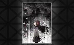 1girl akemi_homura akemi_homura_(magical_girl) anime_coloring artist_request back_bow black_capelet black_hair black_pantyhose bow bowtie bridge bug building butterfly capelet card_commentary city cloud cloudy_sky collared_capelet commentary cowboy_shot diamond_(shape) dress expressionless floating_hair from_side game_asset gem hair_ribbon hairband hand_jewel high_collar highres jitome layered_sleeves long_hair long_sleeves looking_ahead magical_girl mahou_shoujo_madoka_magica mahou_shoujo_madoka_magica:_hangyaku_no_monogatari mahou_shoujo_madoka_magica_magia_exedra miniskirt movie_poster_(medium) official_art outdoors pantyhose parted_lips pleated_skirt pointy_nose purple_bow purple_bowtie purple_capelet purple_eyes purple_gem purple_skirt red_hairband red_ribbon ribbon short_dress skirt skirt_under_dress sky skyscraper solo soul_gem_(madoka_magica) storm third-party_source two-tone_capelet very_long_hair white_butterfly white_dress wind