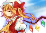 1girl ascot aura blonde_hair blue_background bust closed_eyes eyelashes facing_away flandre_scarlet gradient gradient_background hat hat_ribbon kumatntn light_smile mob_cap puffy_short_sleeves puffy_sleeves ribbon short_hair short_sleeves side_ponytail solo touhou vest wings 