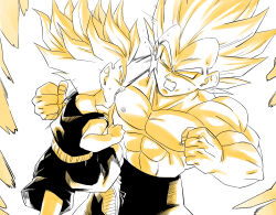  abs amayuki318 aura biceps blonde_hair broad_shoulders child clenched_hands clenched_teeth collarbone dodging dragon_ball dragon_ball_z duel fighting fighting_stance gradient_background height_difference highres hitting muscular muscular_male open_mouth orange_background partially_colored pectorals punching spiky_hair super_saiyan tank_top teeth thick_eyebrows thick_neck topless_male trunks_(dragon_ball) vegeta 