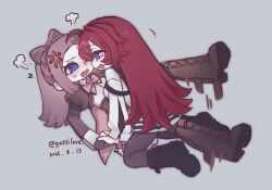  +++ 2girls ???_(assault_lily) anger_vein assault_lily black_boots black_gloves blue_eyes blush boots bow bow-shaped_hair bowtie brown_boots brown_hair brown_jacket brown_pantyhose collared_shirt commentary dated deformed eye_contact face-to-face fingerless_gloves full_body gatti_love girl_on_top gloves grey_background hair_between_eyes highres holding_hands ichinomiya_michaela_himari jacket knee_boots kneeling lace-up_boots leg_up long_hair long_sleeves looking_at_another ludvico_private_girls'_academy_school_uniform lying miniskirt multiple_girls on_back open_clothes open_jacket open_mouth pantyhose parted_bangs pink_bow pink_bowtie ponytail profile puff_of_air red_hair school_uniform shirt simple_background sitting sitting_on_person skirt striped_clothes striped_skirt sweatdrop twitter_username underbust untranslatable_commentary very_long_hair white_shirt white_skirt yuri 