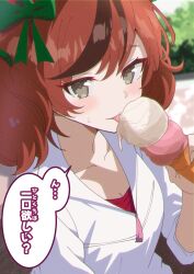  1girl absurdres animal_ears blush bow breasts brown_eyes brown_hair brown_streaks casual commentary_request ear_bow ear_covers ear_ribbon green_bow highres holding holding_ice_cream_cone horse_ears horse_girl ice_cream_cone medium_hair multicolored_hair namo_pic nice_nature_(casual)_(umamusume) nice_nature_(umamusume) red_hair shirt solo streaked_hair sweat tongue tongue_out twintails umamusume white_shirt 