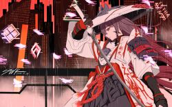  1girl armor brown_hair building city commentary_request dated elysion_symbol_(nikke) from_side hat highres holding holding_sword holding_weapon japanese_armor jingasa katana korean_commentary large_hat long_hair mosasaurus_hoffmannii official_alternate_costume pilgrim_symbol_(nikke) red_rope rope scarlet_(nikke) shoulder_armor signature skyline skyscraper solo sword upper_body weapon white_hat 